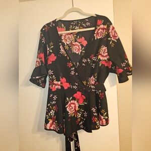 SHEIN Floral Wrap Blouse in Black and Pink